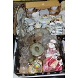 TWO BOXES OF LADY FIGURES, COFFEE WARES, PRESS MOULDED GLASS, ETC, including a Royal Doulton