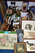 THREE BOXES AND LOOSE OF METALWARES, PRINTS, TREEN, COLLECTORS, DOLLS, ETC, to include a pair of