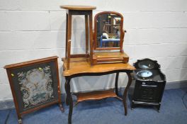 AN EDWARDIAN EBONISED PURDONIUM, with a fall front, an Edwardian walnut occasional table with a wavy