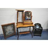 AN EDWARDIAN EBONISED PURDONIUM, with a fall front, an Edwardian walnut occasional table with a wavy