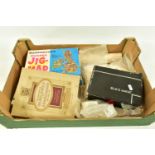 A BOX CONTAINING TWO JIGSAW PUZZLES, CIGARETTE CARD AND TRANSFER SHEETS, the jigsaws by John