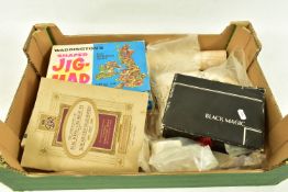 A BOX CONTAINING TWO JIGSAW PUZZLES, CIGARETTE CARD AND TRANSFER SHEETS, the jigsaws by John