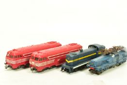 FOUR BOXED HO GAUGE S.N.C.F. LOCOMOTIVES, 2 x Jouef BB No.67001, red livery (P841), BB No.13001,