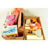 TWO BOXES OF VINTAGE SINDY DOLLS AND ACCESSORIES, to include a boxed Sindy washbasin, no. 44541 a
