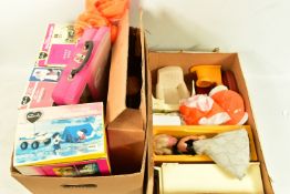 TWO BOXES OF VINTAGE SINDY DOLLS AND ACCESSORIES, to include a boxed Sindy washbasin, no. 44541 a