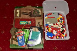 A BOX OF LOOSE LEGO PIECES, SUBBUTEO TEAMS AND VINTAGE SPORTS SETS, to include a tub of loose