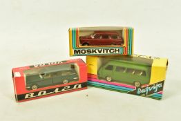 THREE BOXED RUSSIAN MADE DIECAST VEHICLE MODELS, all 1:43 scale, Moskvitch 427, RAF 2203 and Volga