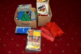 TWO BOXES AND LOOSE OF MIXED LEGO PIECES AND INSTRUCTION MANUALS, to include two Lego sorting trays,