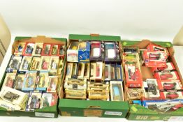 THREE BOXES OF MODERN BOXED DIE-CAST VEHICLES, comprising of LLedo, Corgi, Oxford, Matchbox, Jensan,