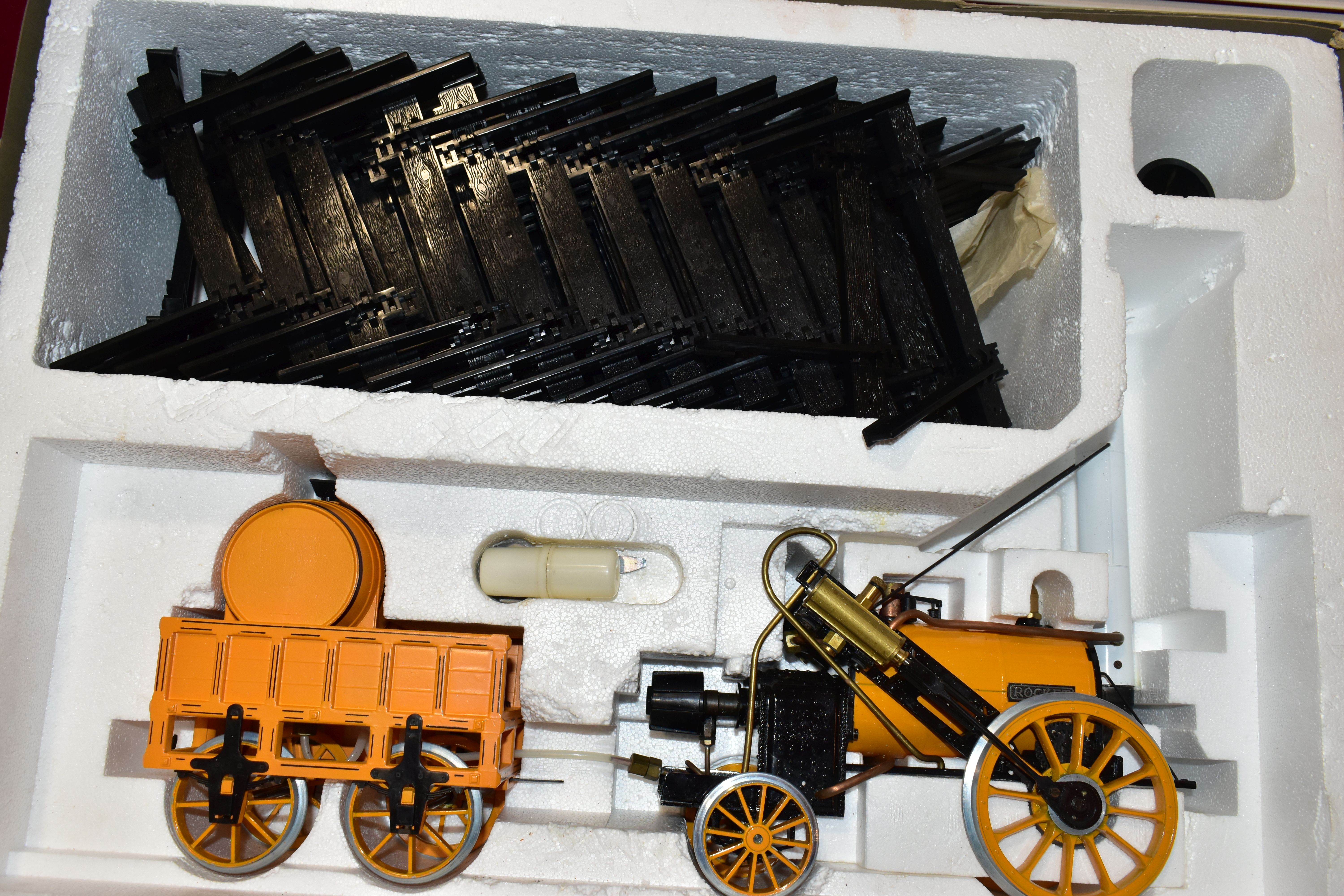 A BOXED HORNBY RAILWAYS 3 GAUGE STEPHENSONS ROCKET LIVE STEAM TRAIN SET, No.G100, not tested,