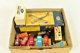 A TRAY OF BOXED AND UNBOXED VEHICLES AND AIRCRAFTS, boxed models include a Frog Single Seat