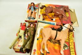 BOXED MARX TOYS COWBOY KID AND CHEROKEE INDIAN FIGURES, with two boxed horses 'Flame' and '