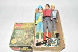 A BOXED ACTION MAN FIELD RADIO PACK, SPARE ACCESSORIES, CAPTAIN SCARLET DOLL, AND TWO THUNDERBIRD