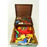 A BOX CONTAINING ONE PLAY CRAFT TOY TRAIN AND CARRIAGE AND VINTAGE BRITISH RAILWAY SET PIECES,