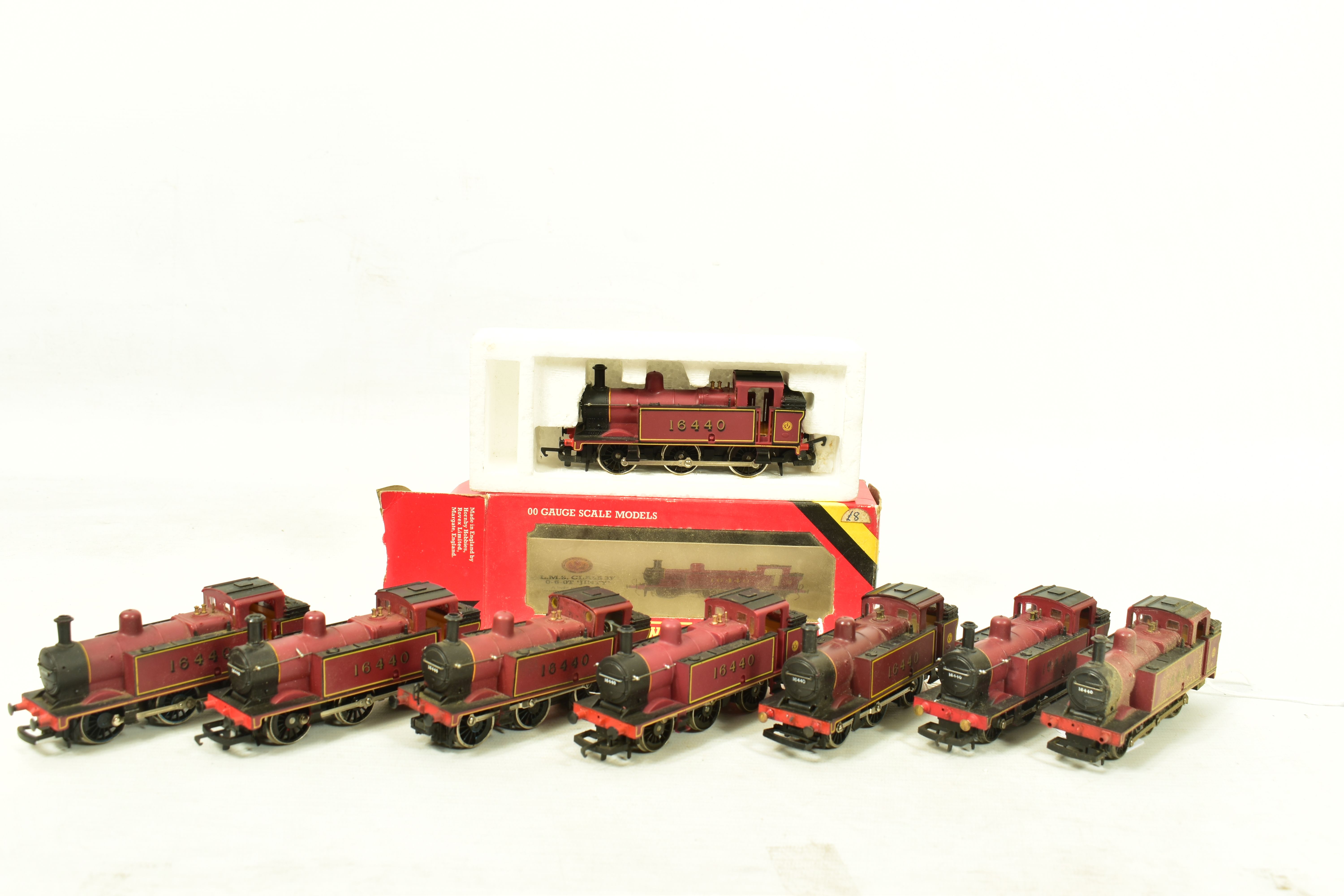 EIGHT BOXED HORNBY OO GAUGE CLASS 3F JINTY TANK LOCOMOTIVES, all are No.16440, L.M.S. lined maroon