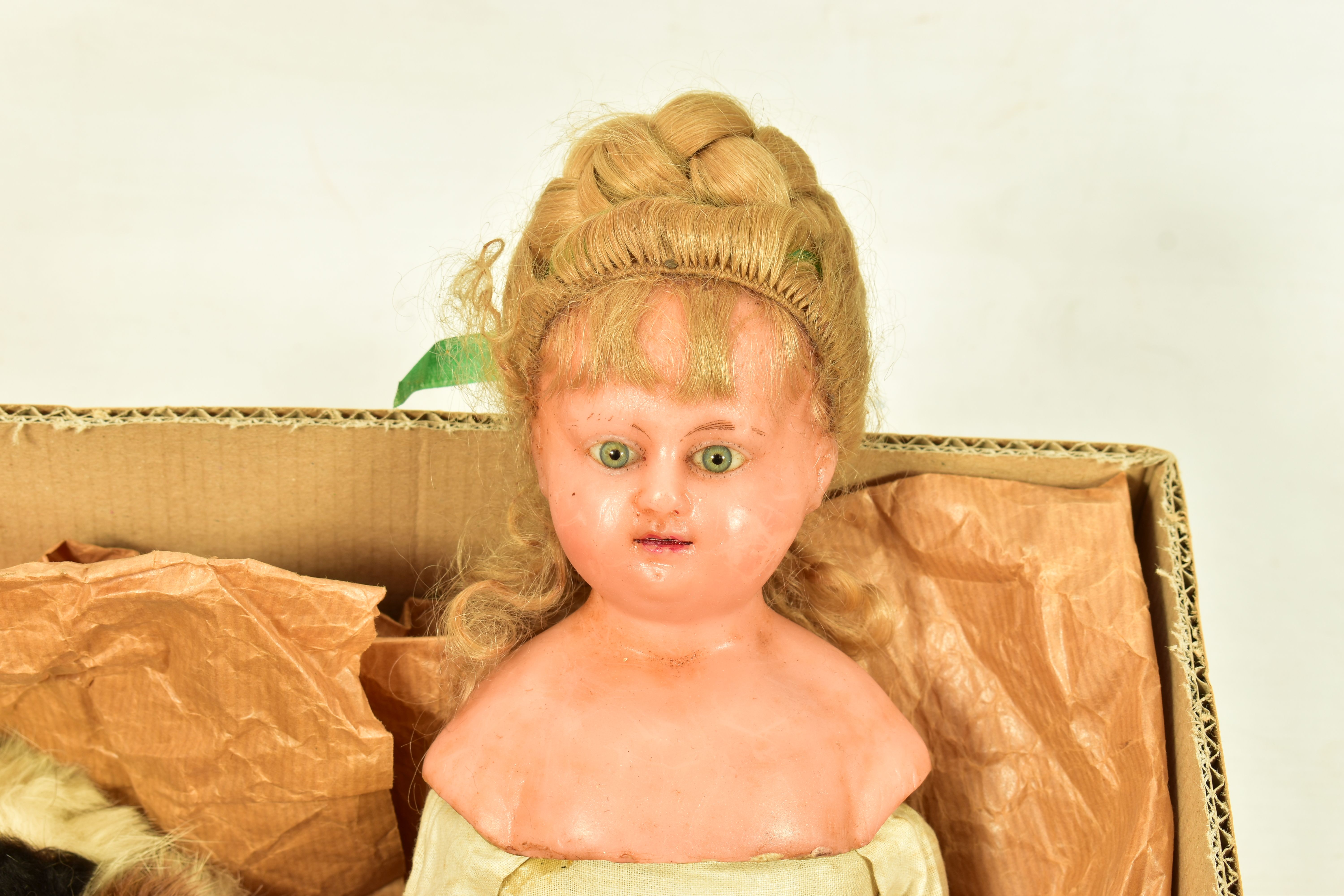 A WAX HEAD AND SHOULDERS DOLL, glass eyes, painted lips and eyebrows, original wig , cloth body, - Image 2 of 4