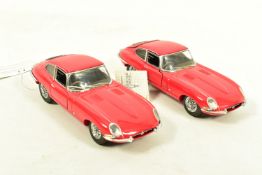 TWO BOXED FRANKLIN MINT 1961 JAGUAR E-TYPE COUPE, 1/24 scale both in red and complete with swing