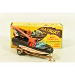 A BOXED CORGI TOYS BATBOAT AND TRAILER, no. 107, Batman and Robin present, black boat with, flame