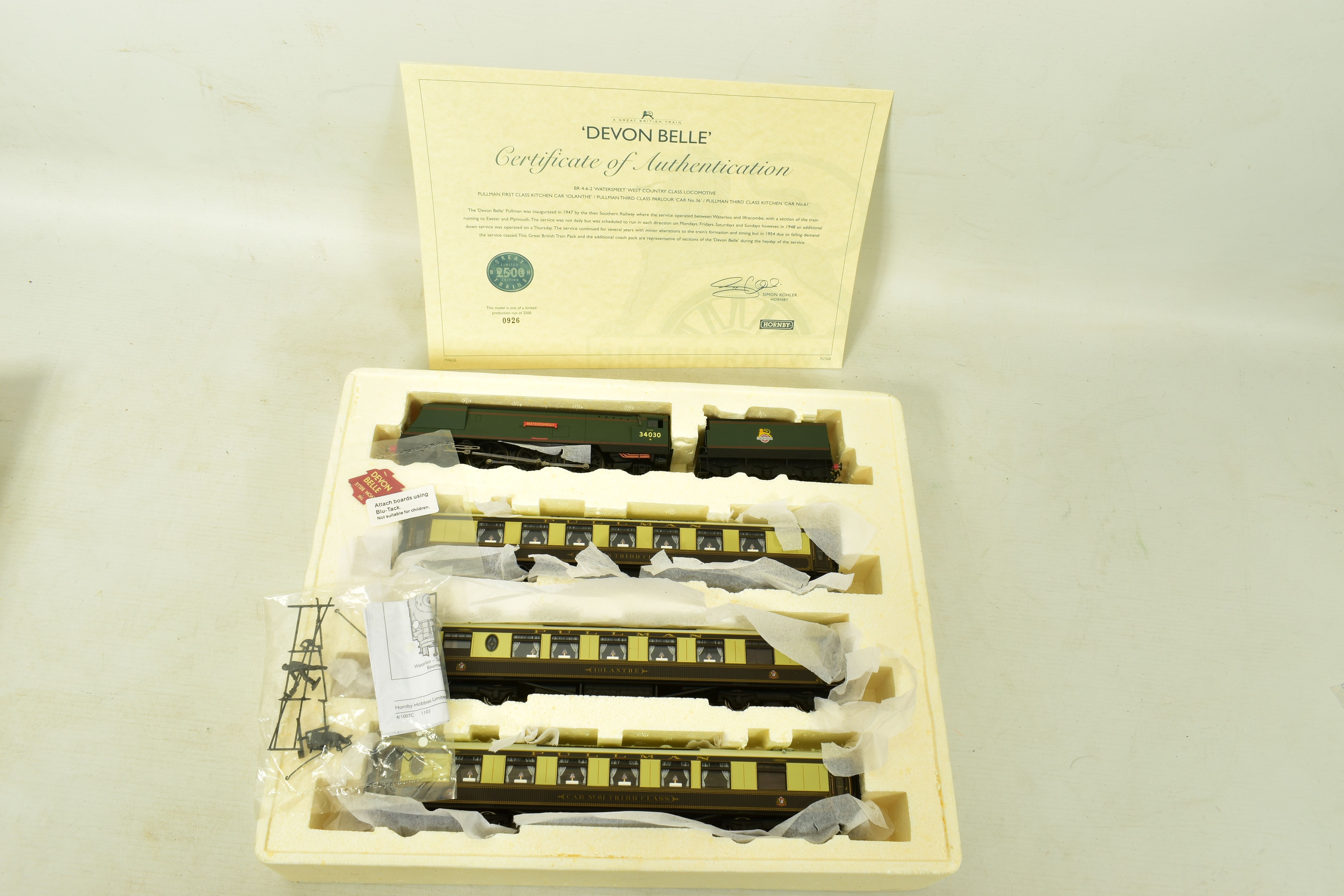 A BOXED HORNBY RAILWAYS OO GAUGE DEVON BELLE LIMITED EDITION GREAT BRITISH TRAIN PACK, No.R2568,