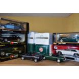 SEVEN BOXED ASSORTED MODERN DIECAST BRITISH CAR MODELS, all 1:18 scale Bburago 1937 Jaguar SS100,