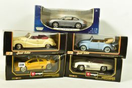 FIVE BOXED ASSORTED MODERN DIECAST EUROPEAN CAR MODELS, all 1:18 scale, Bburago 1957 Mercedes Benz