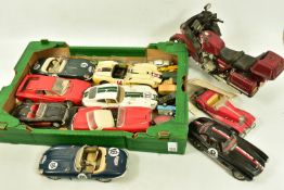 TWO TRAYS OF UNBOXED DIE-CAST MODEL VEHICLES, to include three 1/18 Bburago Jaguar E Type 1961, 1/18