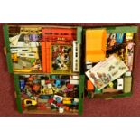 THREE TRAYS OF PLAYWORN MODEL VEHICLES AND FIGURES, to include a green tractor, numbered 1597 to the