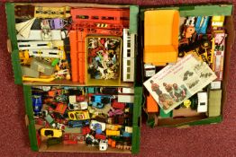 THREE TRAYS OF PLAYWORN MODEL VEHICLES AND FIGURES, to include a green tractor, numbered 1597 to the