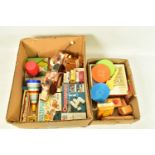 TWO BOXES OF VINTAGE CHILDRENS TOYS AND BOARD GAMES, to include a Fisher-Price music box - record
