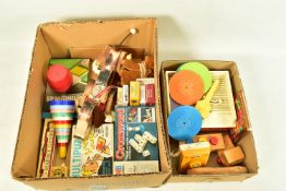 TWO BOXES OF VINTAGE CHILDRENS TOYS AND BOARD GAMES, to include a Fisher-Price music box - record