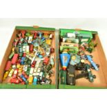 A QUANTITY OF UNBOXED AND ASSORTED PLAYWORN DIECAST AND PLASTIC VEHICLES, to include Matchbox Jaguar