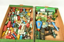 A QUANTITY OF UNBOXED AND ASSORTED PLAYWORN DIECAST AND PLASTIC VEHICLES, to include Matchbox Jaguar