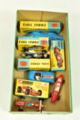 FIVE BOXED CORGI TOYS RACING CARS, Lotus Mk.XI Le Mans car, No.151A, with bonnet stripe, Proteus-