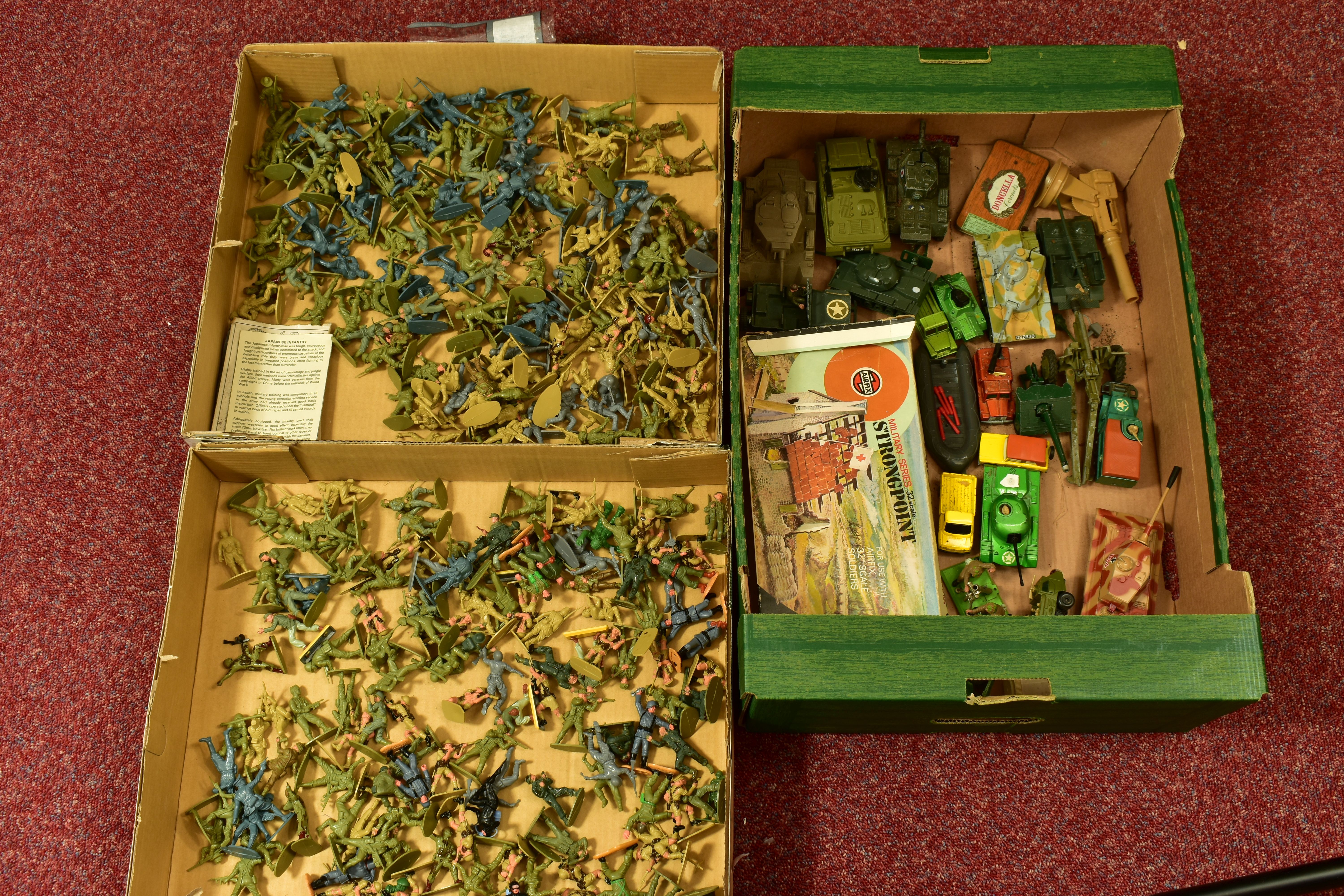 THREE TRAYS OF PLASTIC MILITARY FIGURES AND DIE-CAST MILITARY VEHICLES, to include an AF Airfix