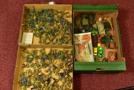 THREE TRAYS OF PLASTIC MILITARY FIGURES AND DIE-CAST MILITARY VEHICLES, to include an AF Airfix