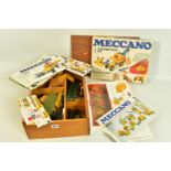 ONE VINTAGE MECCANO SET AND A WOODEN BOX OF PARTS,