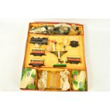 A BOXED BRIMTOY O GAUGE CLOCKWORK TRAIN SET, has 8/8 stamped on lid, locomotive and tender No.67040,