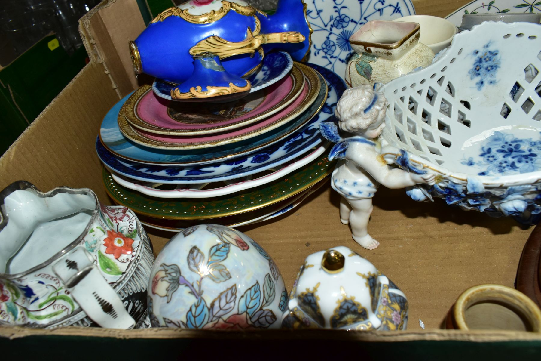 A BOX OF CERAMICS, to include a continental porcelain reticulated basket supported by a pair of - Image 3 of 4
