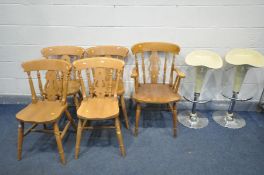 A SET OF FOUR BEECH KITCHEN CHAIRS, a similar armchair, and a pair of cream and chrome swivel bar