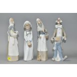 TWO LLADRO FIGURES, A NAO FIGURE AND AN UNMARKED SPANISH PORCELAIN CLOWN, the Lladro comprises