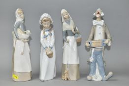 TWO LLADRO FIGURES, A NAO FIGURE AND AN UNMARKED SPANISH PORCELAIN CLOWN, the Lladro comprises