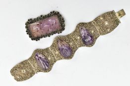 A WHITE METAL AMETHYST BRACELET AND SCARF CLIP, a white metal bracelet comprising of five panels