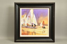 PETER J RODGERS (BRITISH CONTEMPORARY) 'READY TO LAUNCH', sailing dinghies at the beach, signed