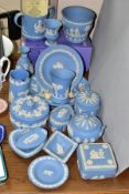 A COLLECTION OF WEDGWOOD PALE BLUE JASPERWARE, nineteen pieces comprising a boxed 1981 Royal Wedding