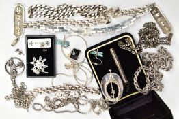 A BAG OF ASSORTED SILVER AND WHITE METAL JEWELLERY, to include a silver brick link chain fitted with