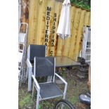 A MODERN GLASS TOPPED GARDEN TABLE top being 85cm square, 6 chairs and a parasol with base (8)