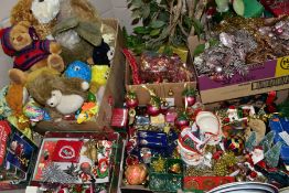 EIGHT BOXES AND LOOSE CHRISTMAS DECORATIONS AND SOFT TOYS, to include a quantity of late twentieth