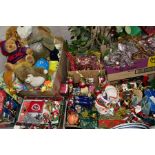 EIGHT BOXES AND LOOSE CHRISTMAS DECORATIONS AND SOFT TOYS, to include a quantity of late twentieth