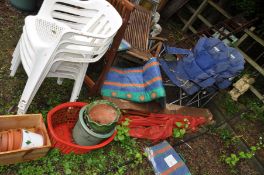 A FOLDING HARDWOOD GARDEN ARM CHAIR, a pair of similar chairs, two folding chairs with padded seat