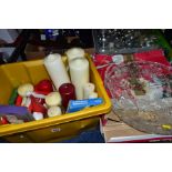 THREE BOXES AND LOOSE CHRISTMAS DECORATIONS, to include a boxed ceramic nativity set in a